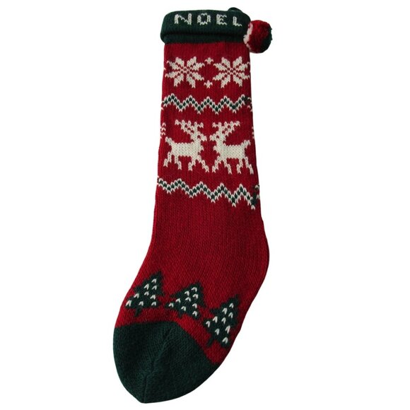Vintage Christmas Knit Stocking With Reindeer Trees & Pom-Pom 24"x5.5" Festive R - Picture 2 of 12